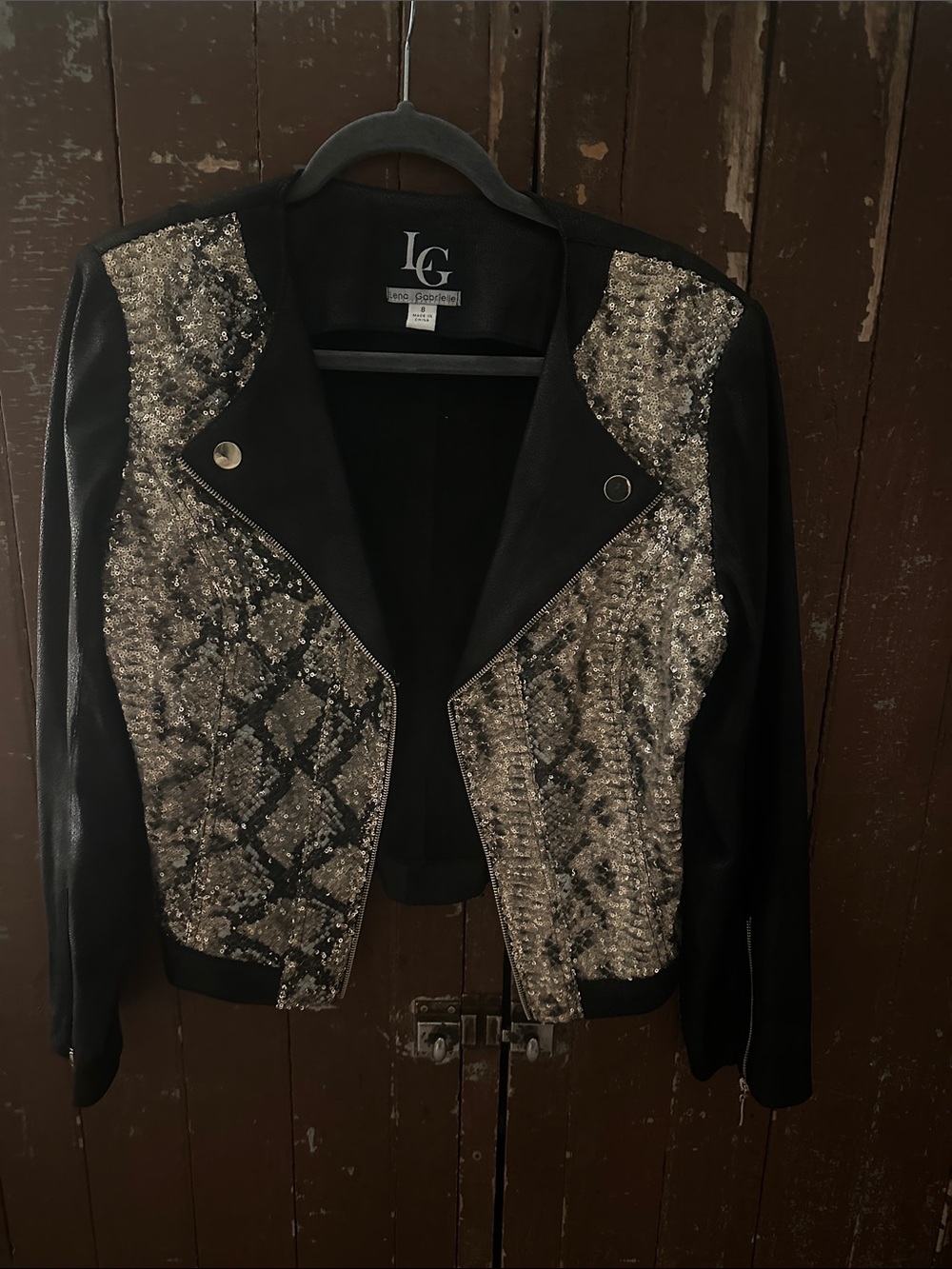 LC Lauren Conrad Black Snake-Print Sequin Moto Jacket
